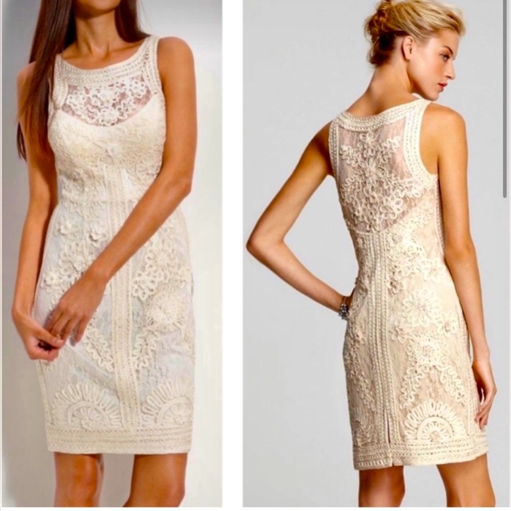 Sue Wong‎ Womens Nocturne Champagne Neutral Lace Romantic Cocktail Dress Size 2